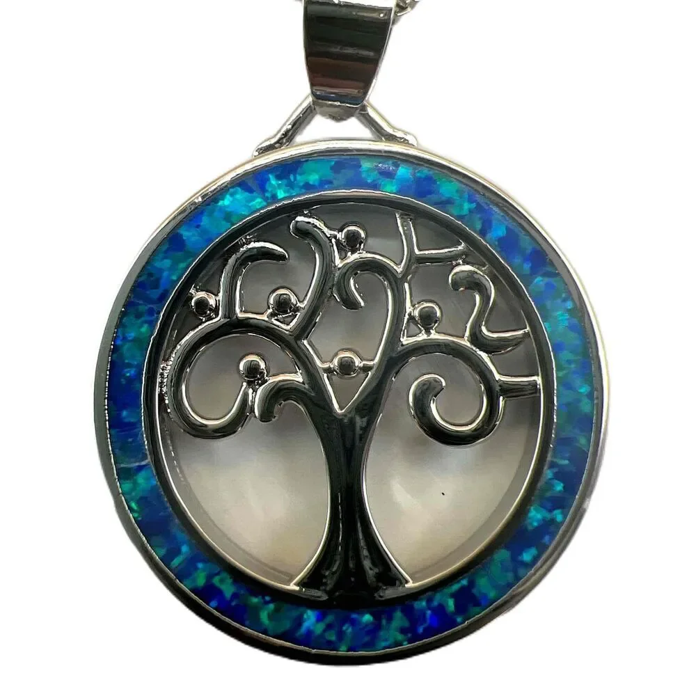 NEW Blue Opal Tree Of Life Round Pendant Silver Chain Necklace - Picture 2 of 8